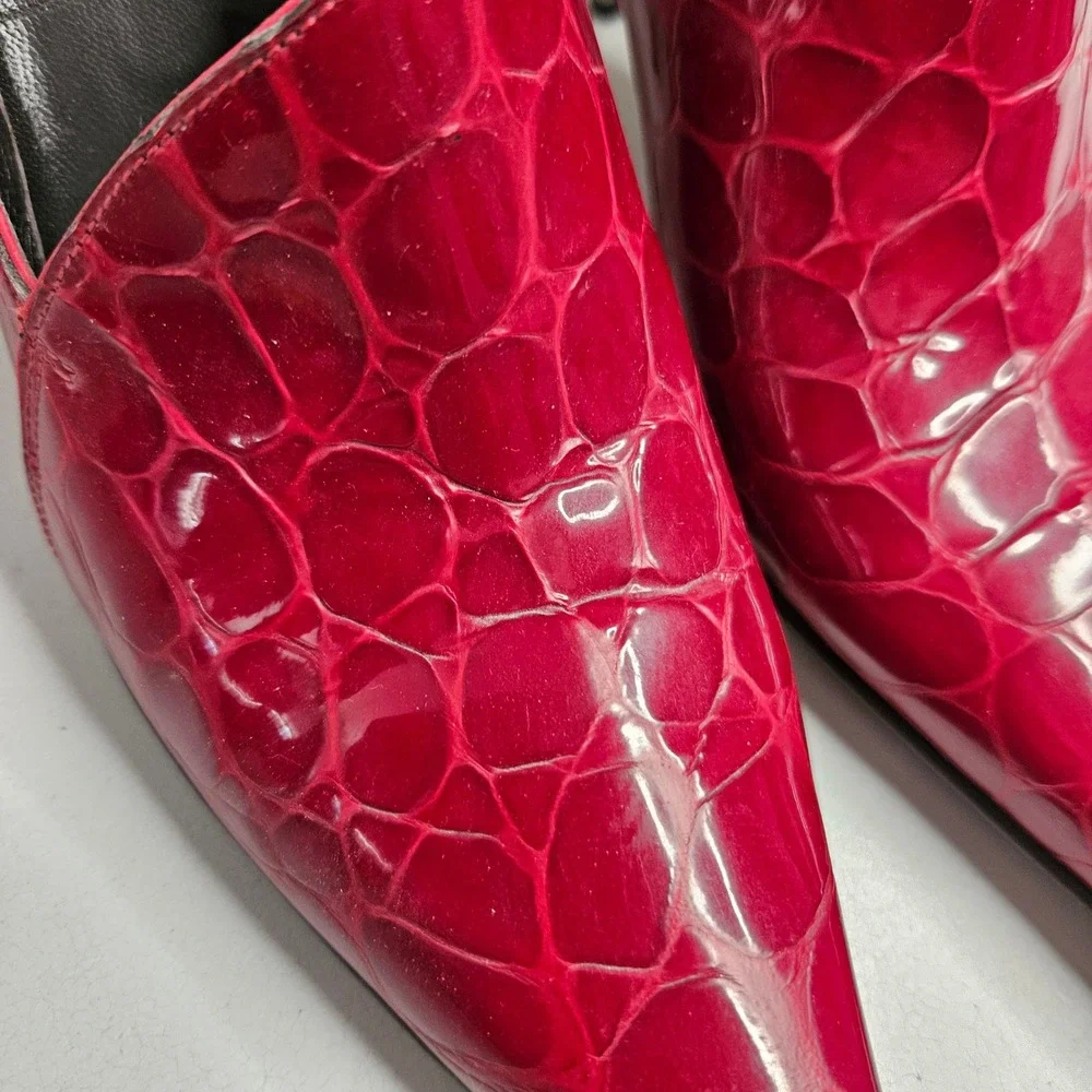 Donald J Pliner Chad Red Croc Patent Leather Pointed Toe Pump Metallic Heel 7.5M